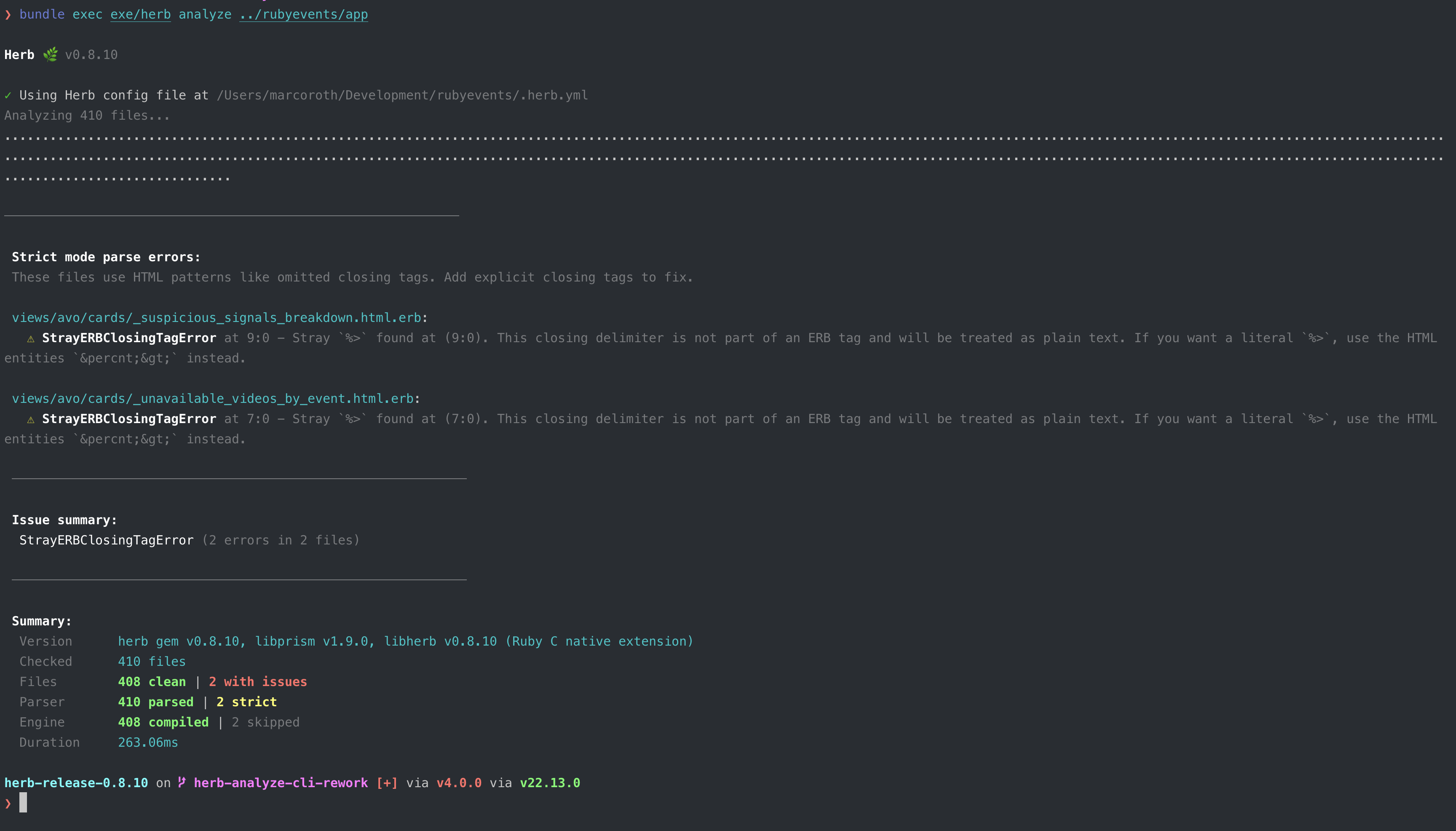 Herb analyze command output showing grouped failures and richer error details